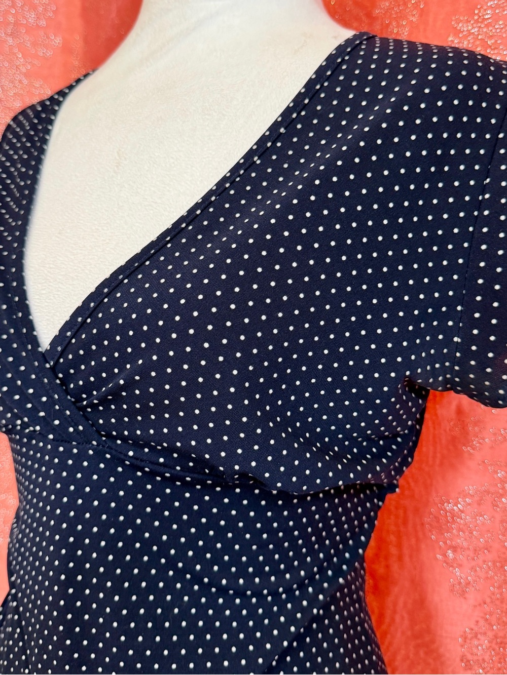 Vintage Body Central Polka Dot V-Neck Short Sleeve Dress in Navy - Picture 4 of 8